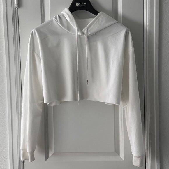 White Cropped Hoodie Long Sleeve Pullover Lightweight Design For Women L - Picture 2 of 6